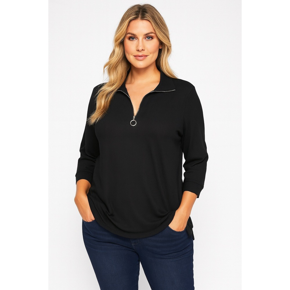 Vivilli Zip Polo Shirt Womens L Black Mock Neck Ribbed Modern Minimalist Sporty